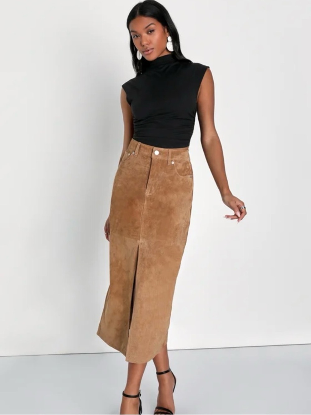 Blank NYC Genuine Suede Leather Midi Skirt NWT Camel Tan Size 28 Free People